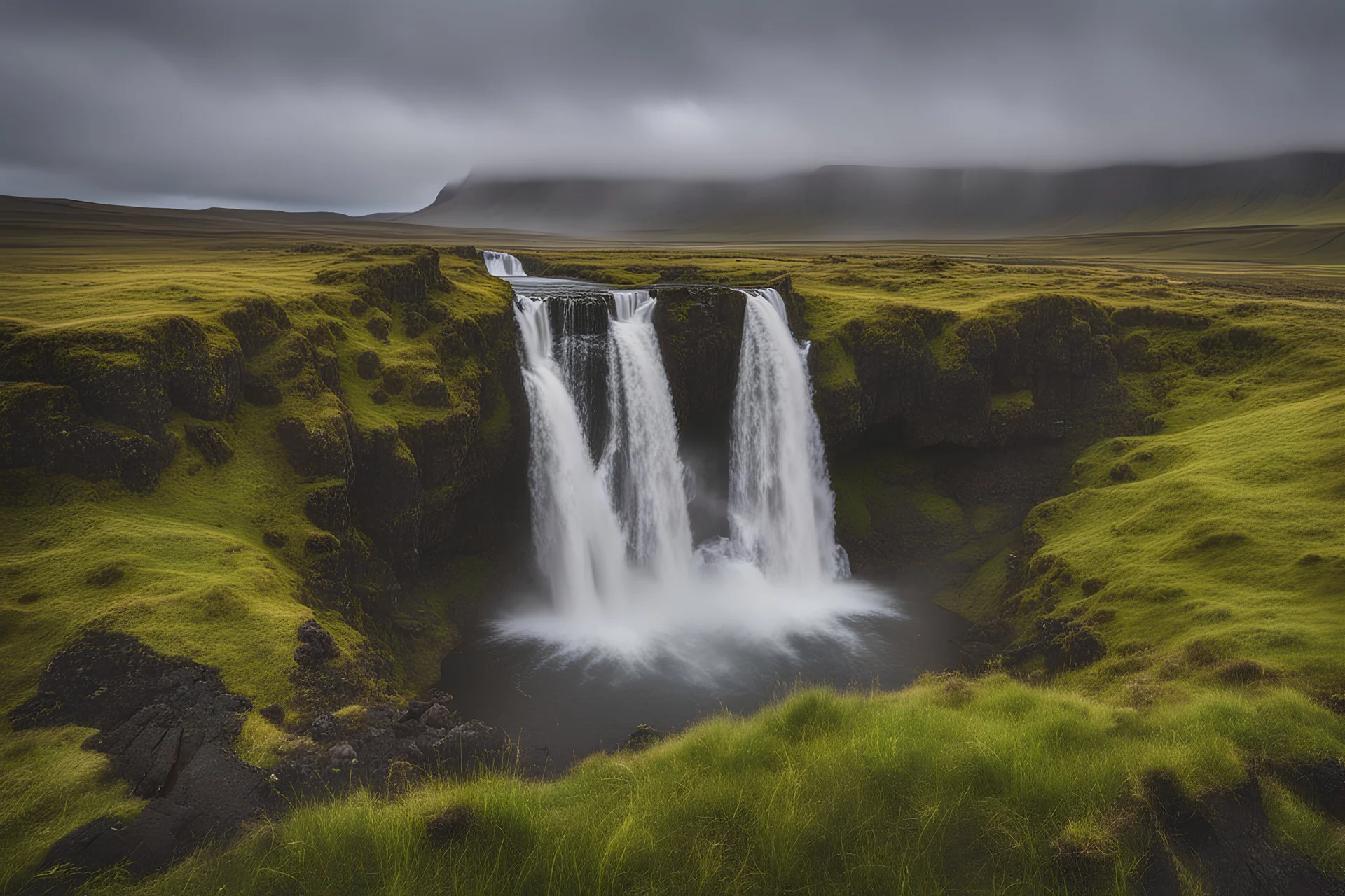 waterfall in Iceland at night, with northern light and green grass