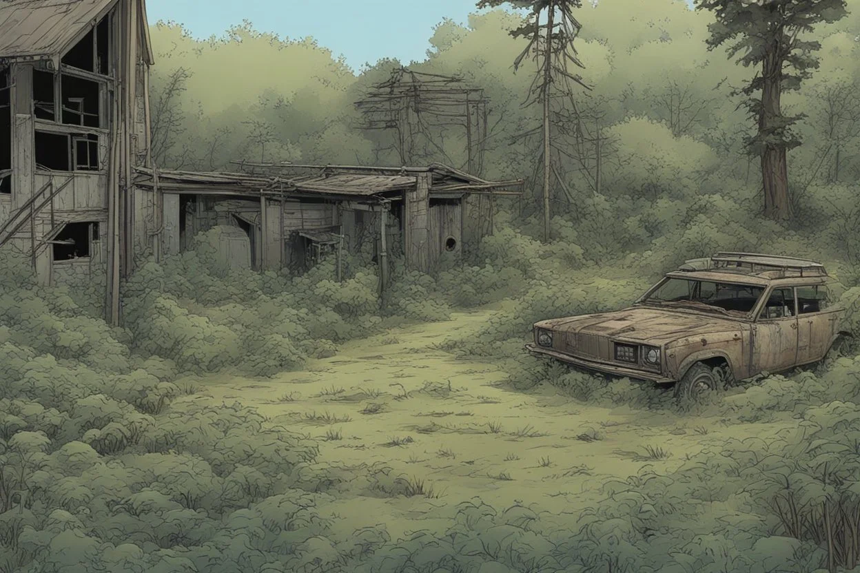 clearing, yard, forest,overgrown, post-apocalyptic, comic book,