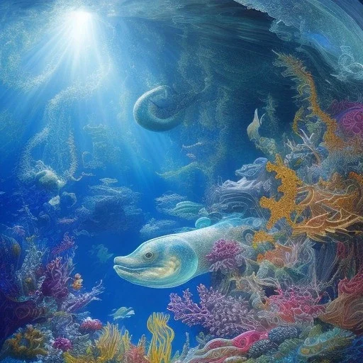  Beautiful ocean scene with elegant seahorses and mermaid with insanely intricate flowing hair and small colorful fish. Extremely detailed. Giger. Bernini. Fractal water, waves ,landscape ,