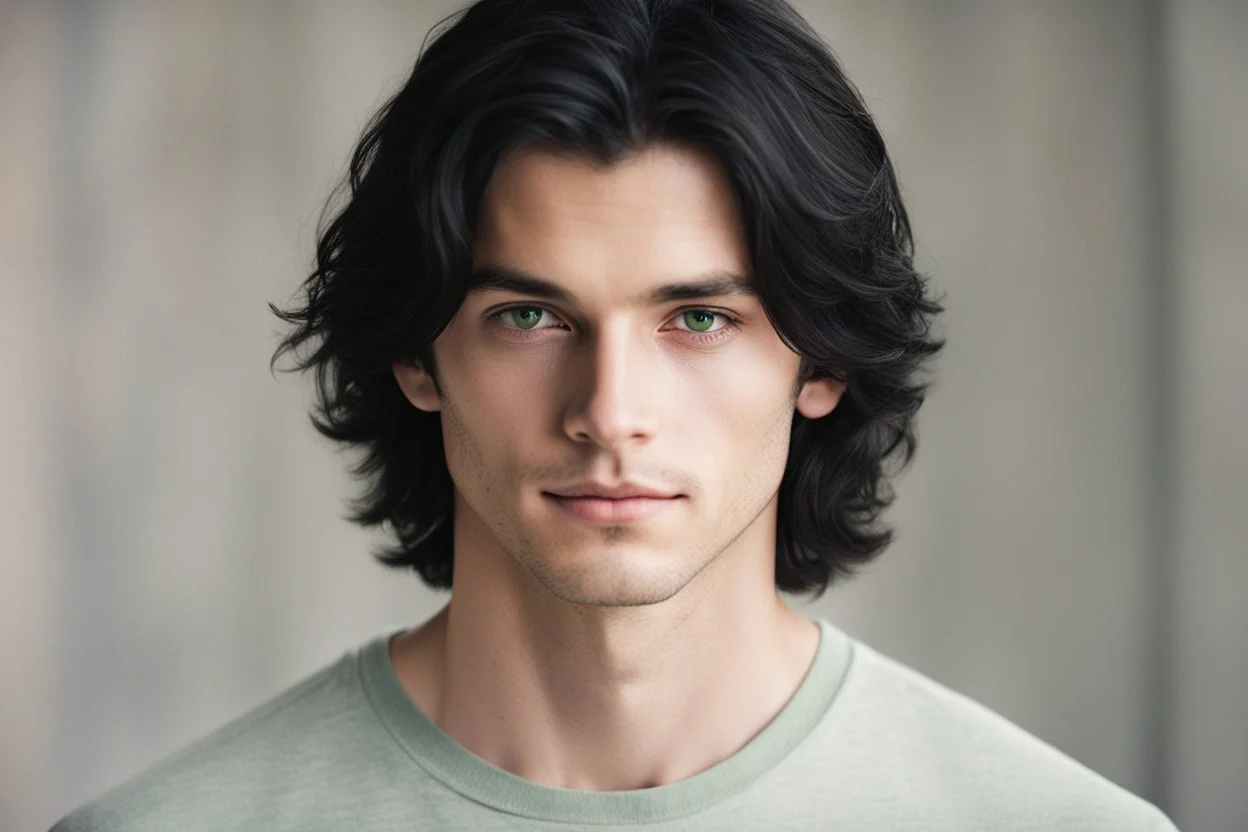 a young male with shoulder length black hair and green eyes, slight smile