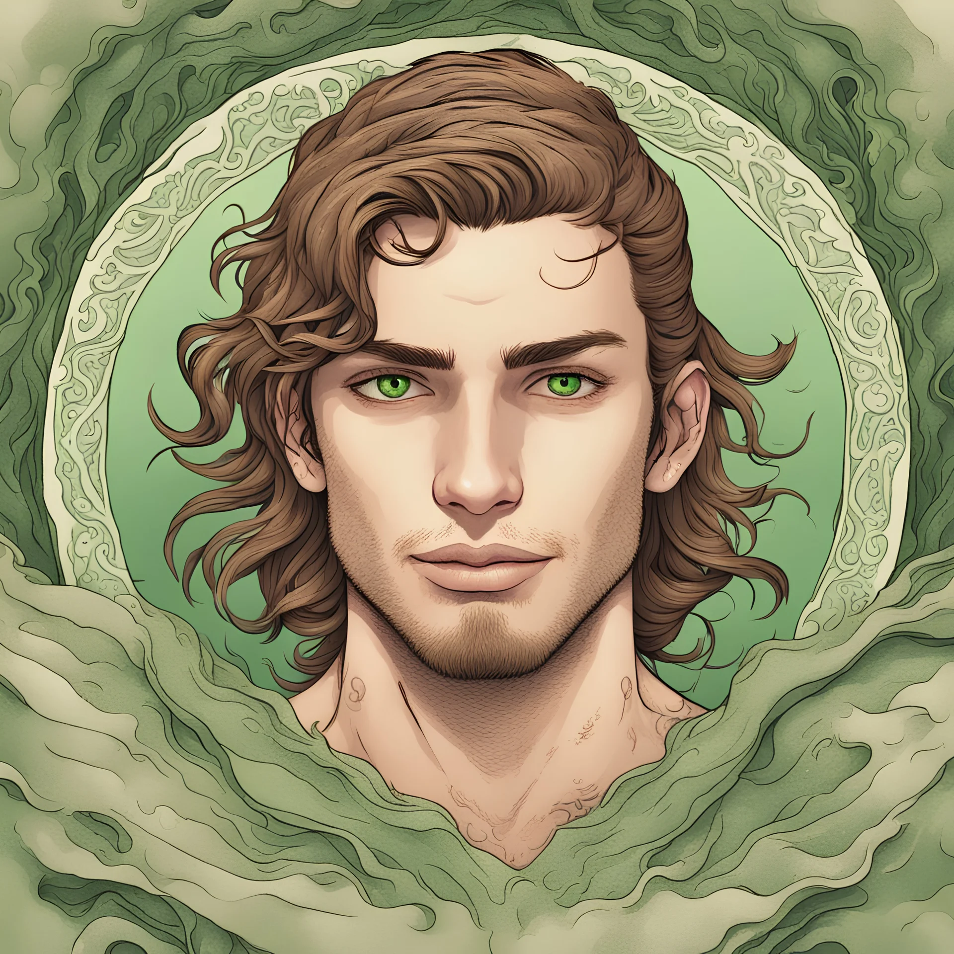 a brown-haired mermaid guy with green eyes in a lake with green tattoos on his neck and cheeks