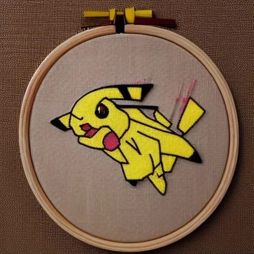 exquisite pikachu in embroidery hoop, intricate, highly detailed, linen and wood backdrop