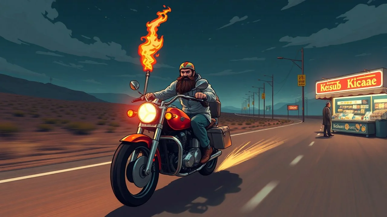 The kebab man driving fast on his holy motorcycle, fire from the exhaust, holy widescreen picture, holy empty road on the holy country at night, comic style, no helmet and he have a long holy black beard, neon kebab signs along the road, jesus stand at his market stand selling holy kebabs, simon stålenhag style, pixel art