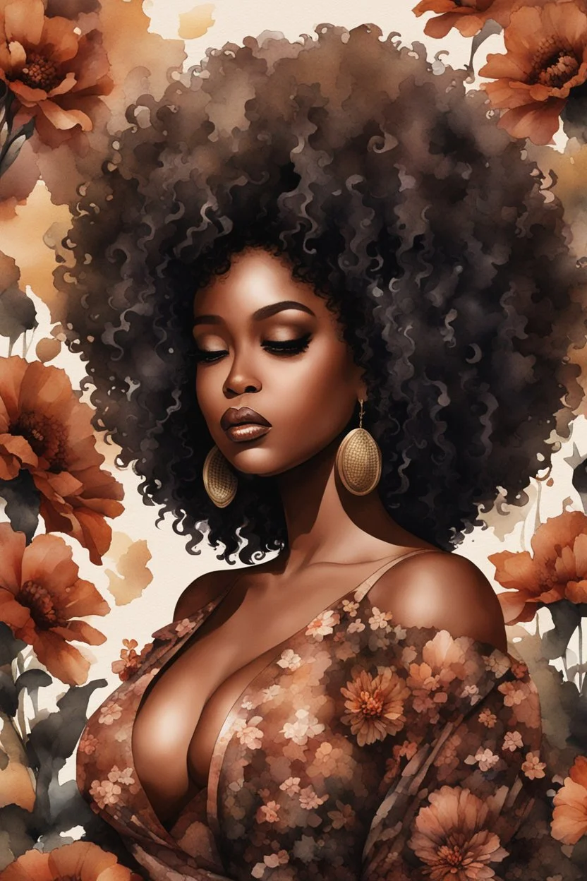 Create an watercolor image of a curvy black female wearing a brown off the shoudler blouse and she is looking down with Prominent makeup. Highly detailed tightly curly black afro. Background of large brown and black flowers surrounding her