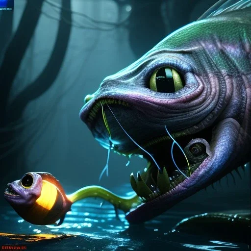 Scarry angler fish creature with lighting lure, dark water, unreal engine 5, 8k resolution, photorealistic, ultra detailed