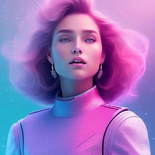 A full body portrait very beautiful woman ,smiling, longs hairs,elegant, atmospheric, realistic, cinematic lighting, pink blue light, 8k, galactic atmosphere, flowers