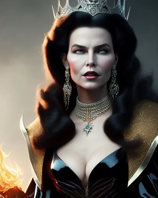 evil queen in black leather gown, busty, cleavage, angry, emperious, 8k resolution concept art portrait by Greg Rutkowski,