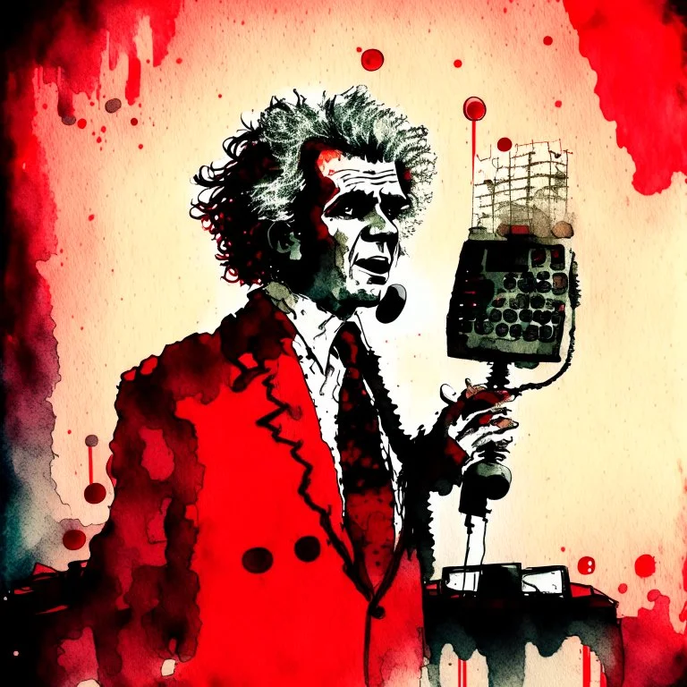 Profound watercolor and ink illustration, double exposure of old wild dark bushy-haired shabby ill-fitting suit wearing radio broadcaster with crepey mottled skin speaking into an old-time radio microphone and sinister mixing board red LED color bar graphs, Dramatic, creepy, oddball masterpiece, sfumato, complex contrast, dynamic composition,