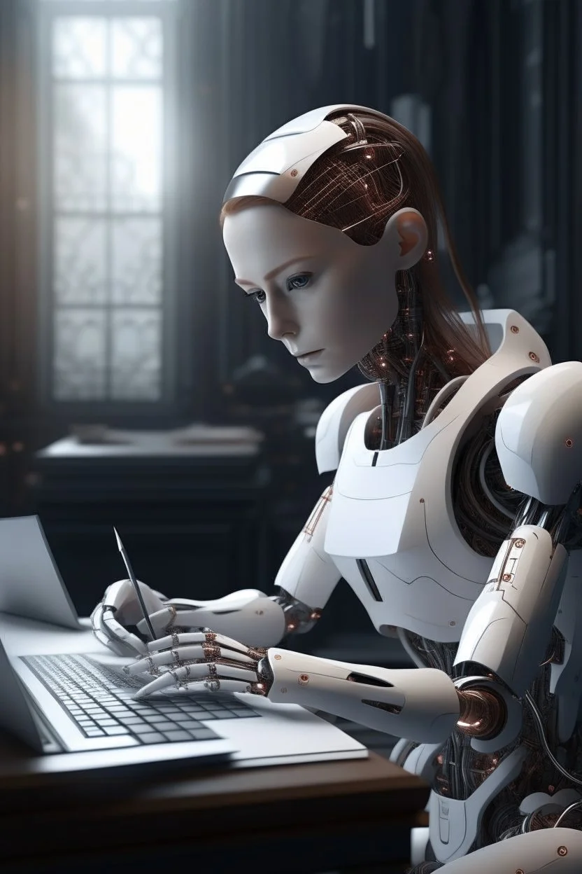 generate a front cover representation of Ai photo realistic attractive female humanoid bot writing a book at a desk