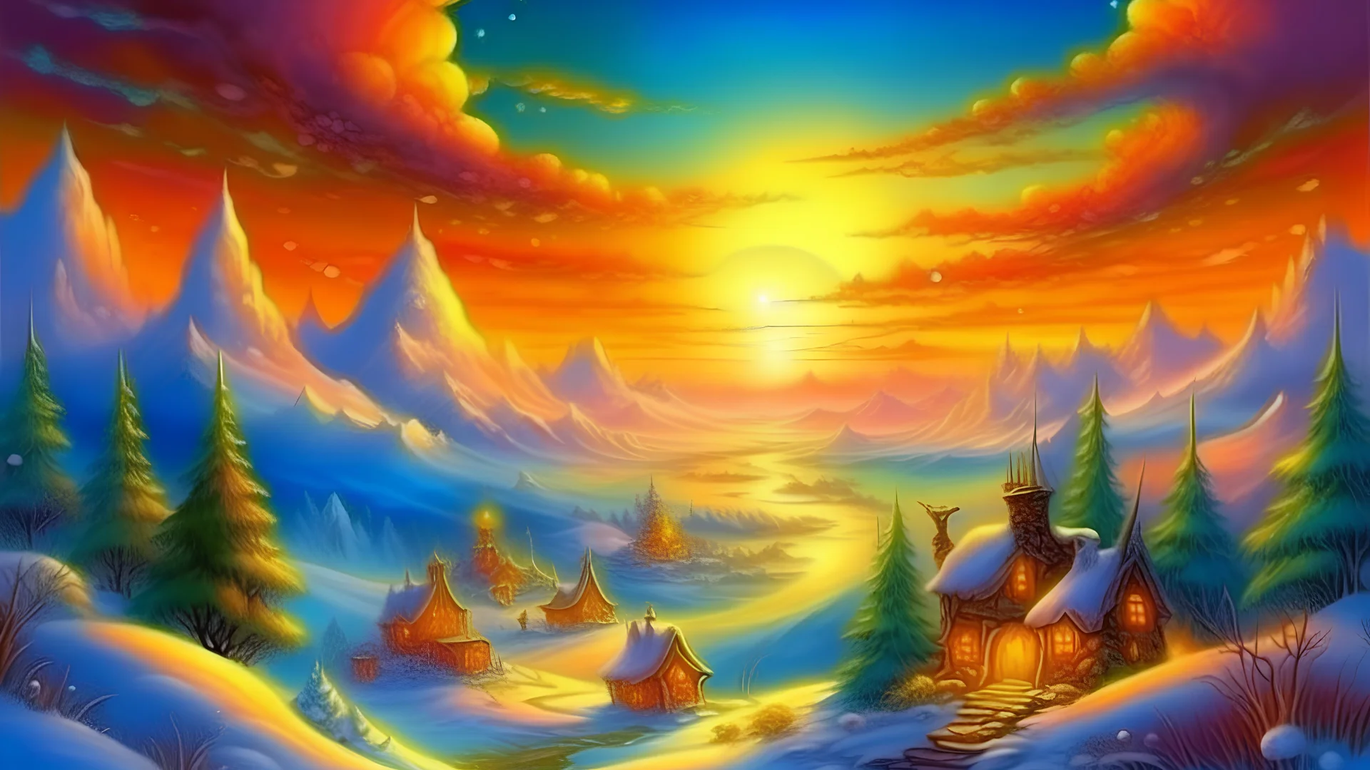 Lidge's drawing of a magical few, very wonderful, many colors, with a stunning and snowy view, and a magical sunset, in a realistic imaginative fantasy style, suitable for children.