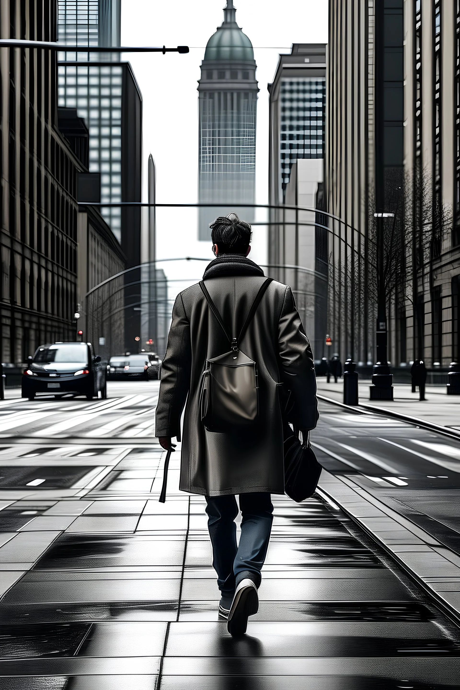 A man walking home from work in a rough city