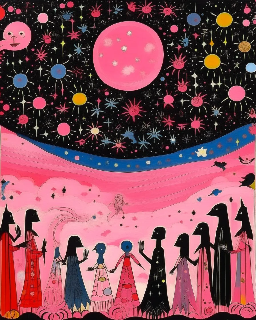 A light pink shining empire in a galaxy with stars and planets designed in Javanese shadow puppets painted by Alexej von Jawlensky