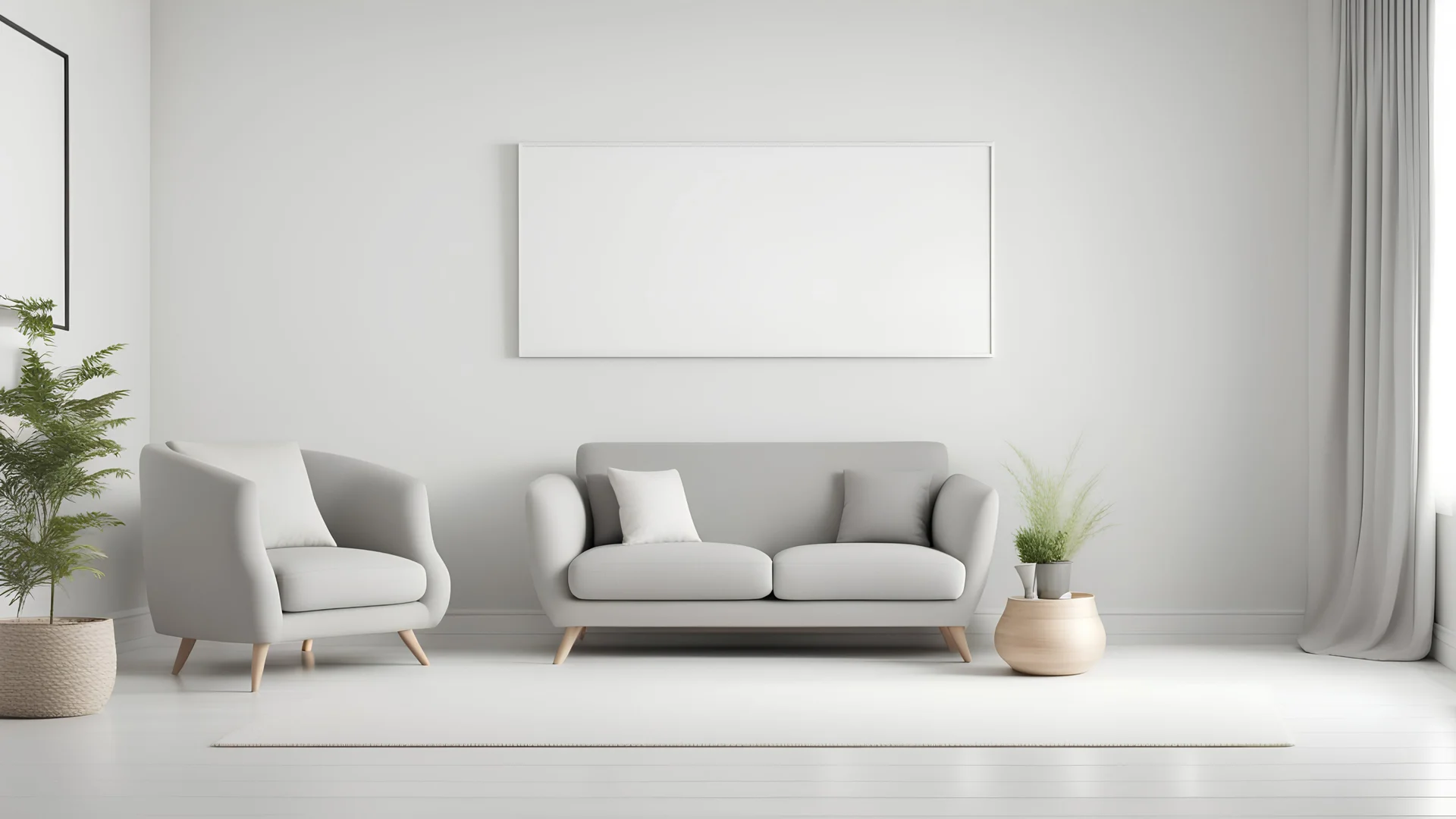 Scandinavian living room with gray armchair on empty white wall background. 3d rendering