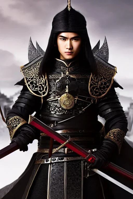 Detailed young samurai elven man, black hair, black leather armor, intricate details, full body portrait, keep head in frame, black Japanese motif, concept art, highly detailed, digital painting, concept art, sharp focus, illustration, HDR, octane render