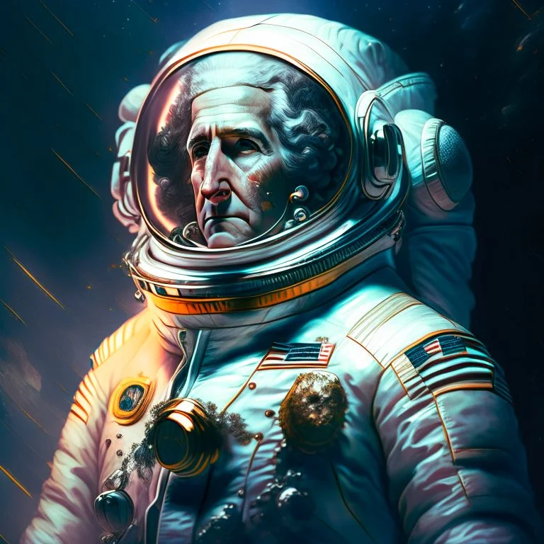 Portrait of George Washington in a space suit in the style of Jim Lee and Paul Hedley, Gabriel Testino, 8k, cinematic, ultra hd, sharp focus