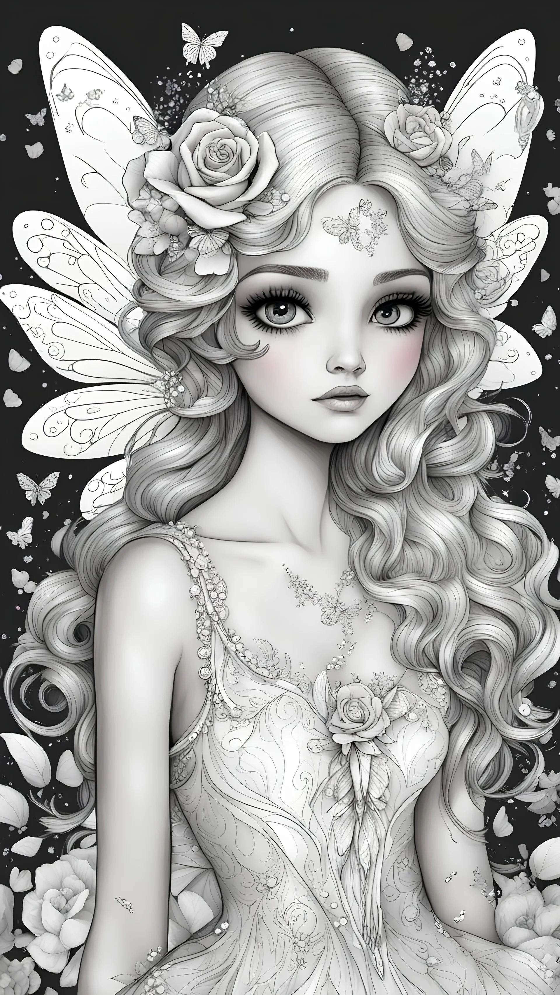 black and white, coloring drawing, line art, white background, beautiful fairy with cute hair and eyes, wings, rose petals, crystals and diamond dress, sparkles and flowers and butterflies background