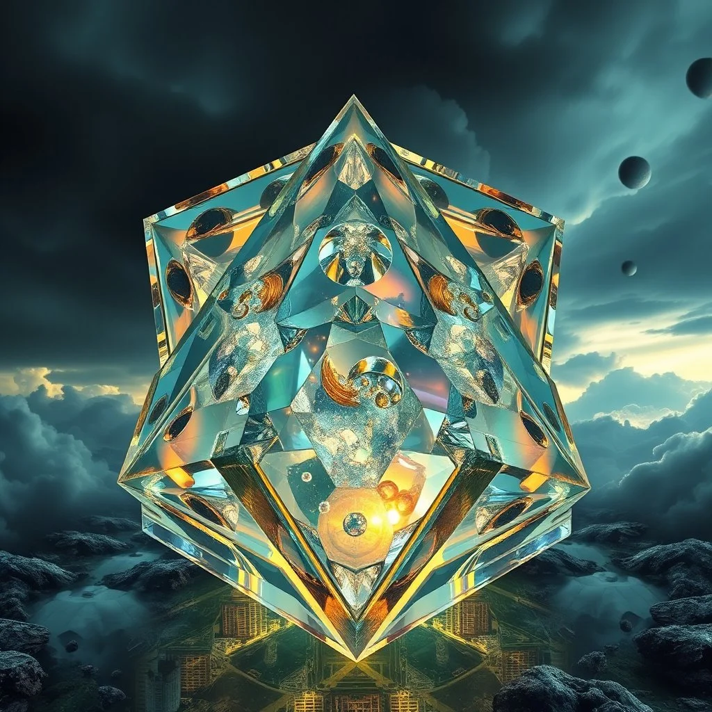 Dynamic hypnotic fractal 3D Pyramids pentagonal Symmetry and morphing between organic and geometric forms , smooth translucent iridescent glass with inner glow and bubbles, varied transparent materials, stormy skies, intense dramatic
