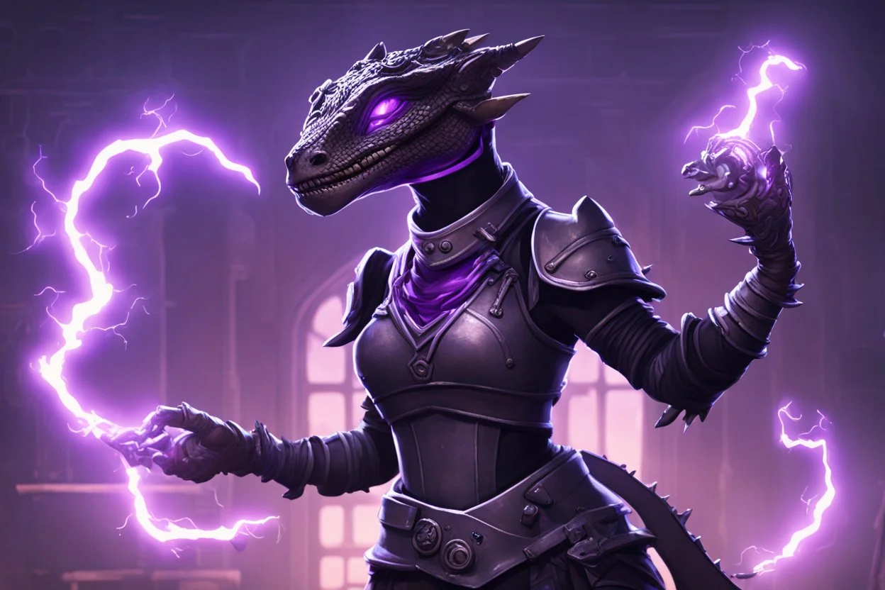 a cute, black and purple, female argonian artificer who uses Tesla coils, skinny, wearing little armor, in her lab