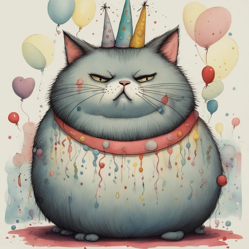 fat pouting fluffy cat celebrating birthday, fine color ink illustration, by Gary Baseman and Shaun Tan, colorful, adorable, interesting, maximal, splash art