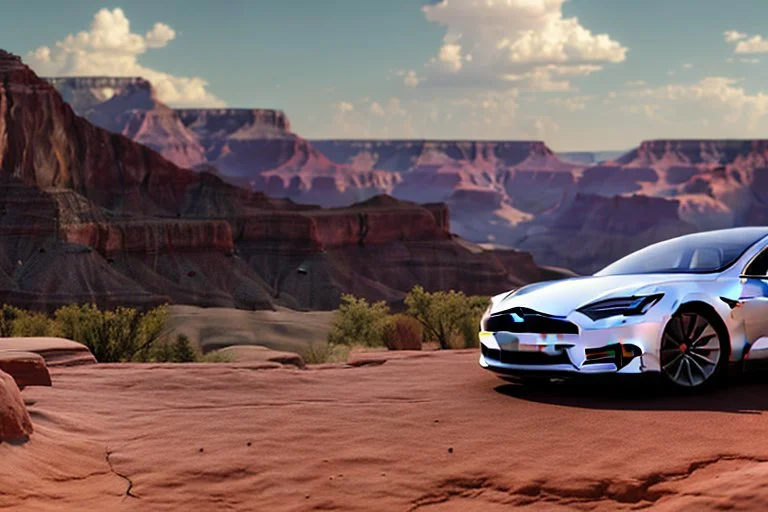 A Tesla 'Model Y' is parked, in the 'Grand Canyon National Park'. (CINEMATIC, WIDE ANGLE LENS, PHOTO REAL)