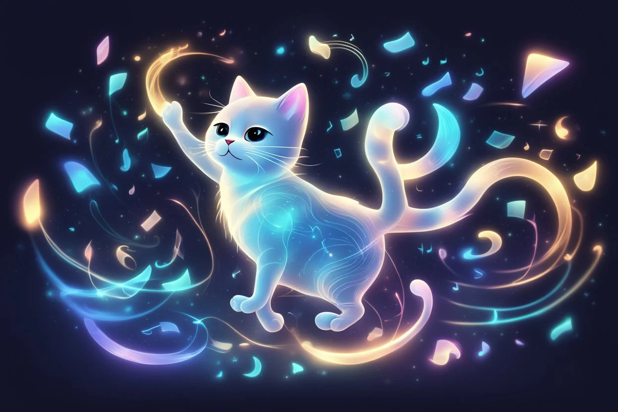 cute chibi dynamically dancing cat, holographic, bioluminescent, an image visualizing musical notes in an abstract and dynamic composition. Let the musical notes dance in the air, forming a symphony of shapes and symbols that convey the essence of sound. Show the notes floating and intertwining in air, creating a visually harmonious composition