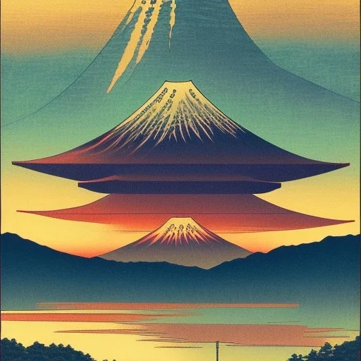 Ukiyo-e Style , mount fuji, sun set