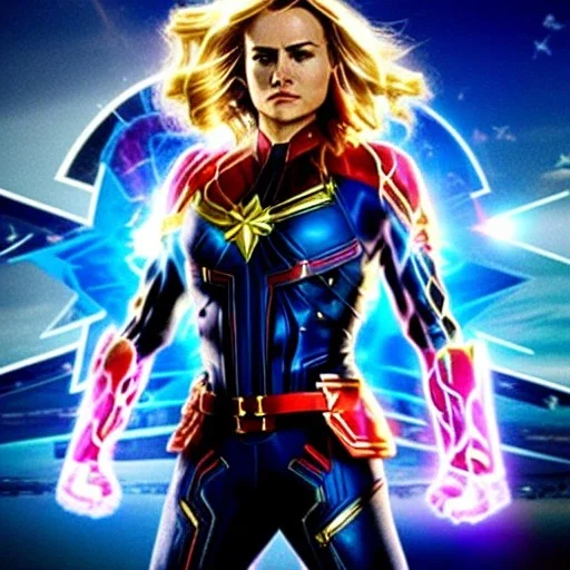 Captain Marvel,flying in the sky, hair on fire, realistic, vibrant colors, Kate beckinsale's face, long hair, gold angel wings, full body, in space, muscular