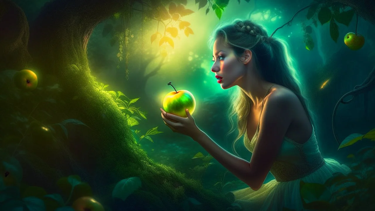 Masterpiece, Fairytale Atmosphere, Haze, Textured Oil Painting with Visible Brushstrokes, Eve in Leafy Clothing in the Garden of Eden Reaches for an Apple, A Serpent Perched on an Apple Tree Branch, Detailed and Effective Lighting Creates a Magical, Fairytale Picture. Detailed and Effective Lighting Creates a Magical, Fairytale Image. Realistic, Volumetric Lighting, Mixed Media, Surreal Futuristic Portrait, Glow, Textured, 3D, 8K, Best Quality, Fine Art, High Detail, Hyperrealism, High Resolutio