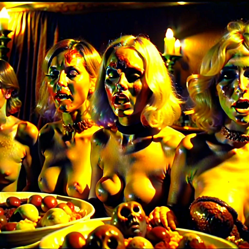 Horror movie shot, spooky, hot, ultra realistic, dine, ultra realistic hot blonde women, party, pieces of meat, organs, ail, dynamic, very excited people, hypermaximalist figures, light, 1970's Italian horror movie, sinister,, Dario Argento, Stanley Kubrik, ornate, 4k, photorealism