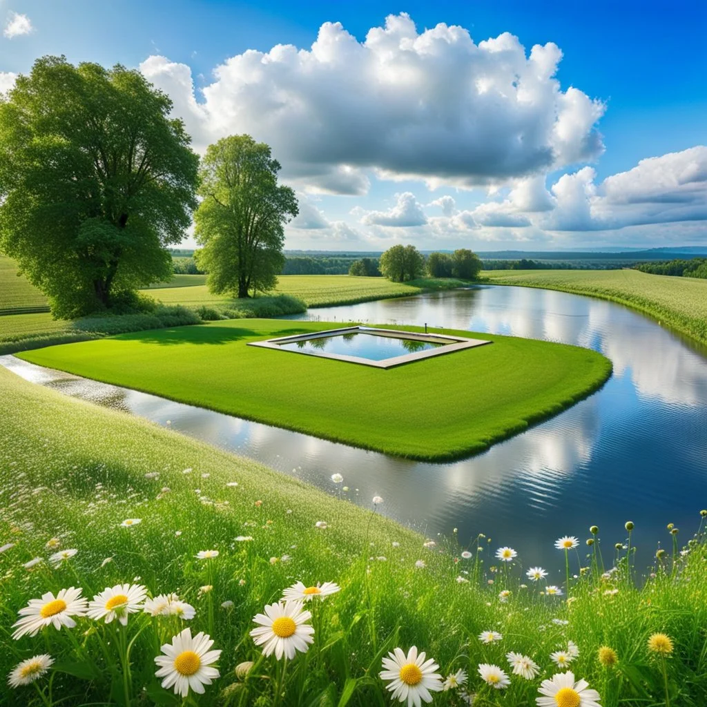 a big dance platform with decor mane in country side in center of picture ,green field ,flowers , small river,blue sky pretty clouds ,camera looking at horison