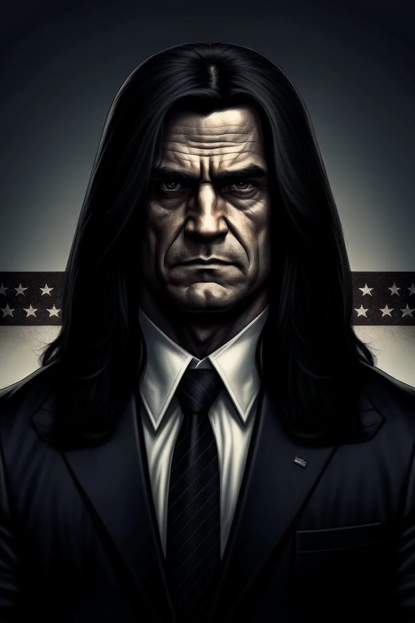 American president of the future with dark long hair and looking powerful