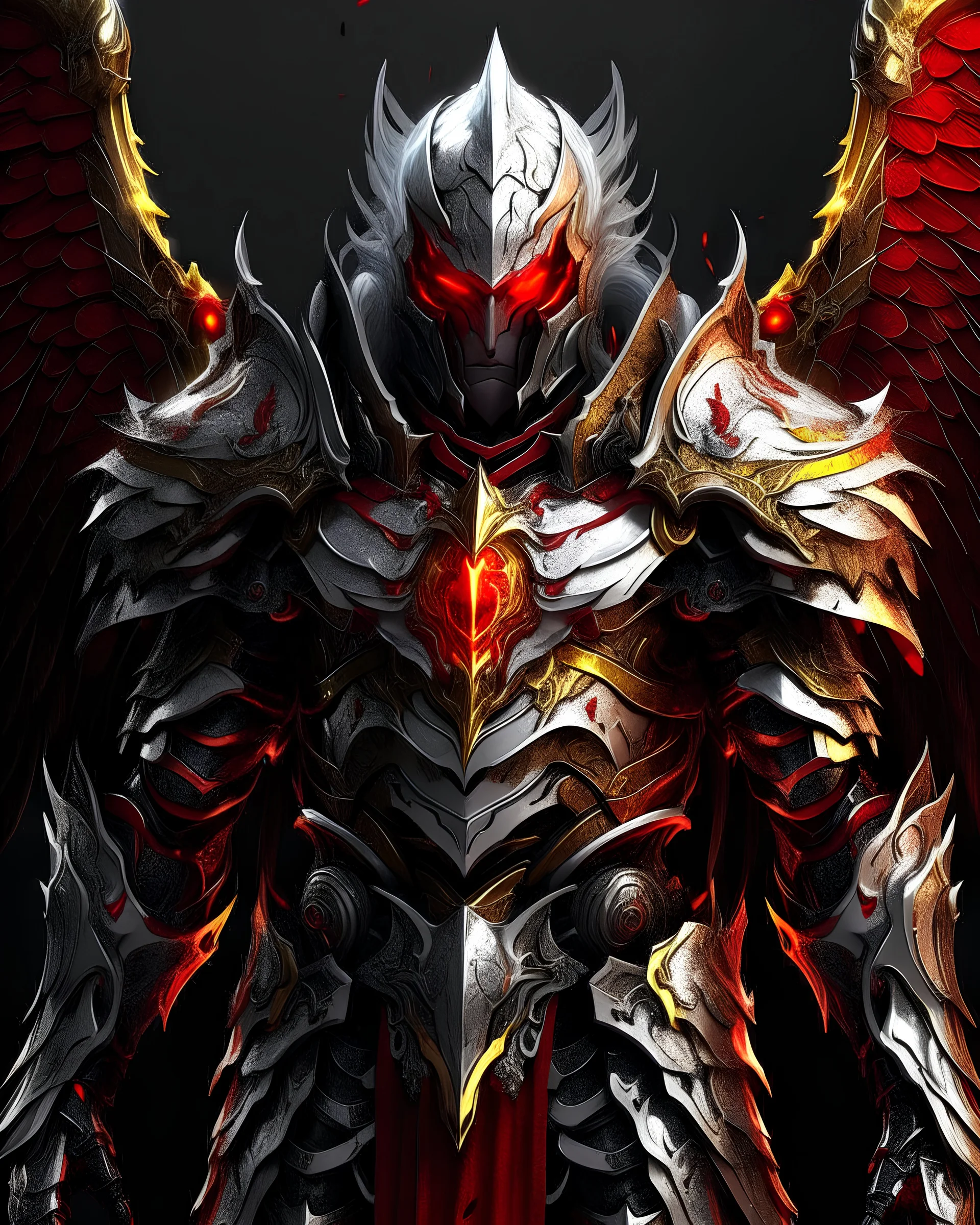 silver and gold armor with glowing red eyes, and a ghostly red flowing cape, crimson trim flows throughout the armor, the helmet is fully covering the face, black and red spikes erupt from the shoulder pads, crimson and gold angel like wings are erupting from the back, crimson hair coming out the helmet, spikes erupting from the shoulder pads and gauntlets, sitting on a throne of skulls