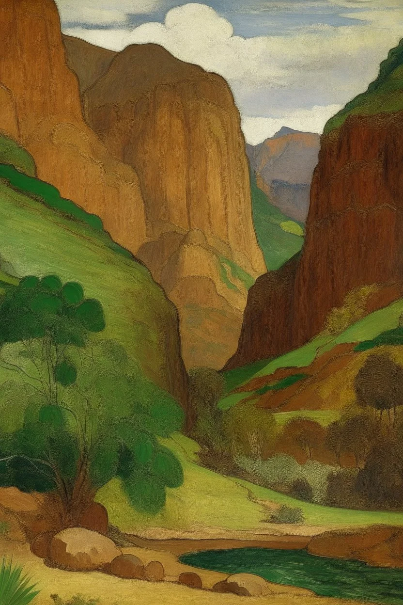 A brown rocky mountain near a canyon painted by Paul Gauguin