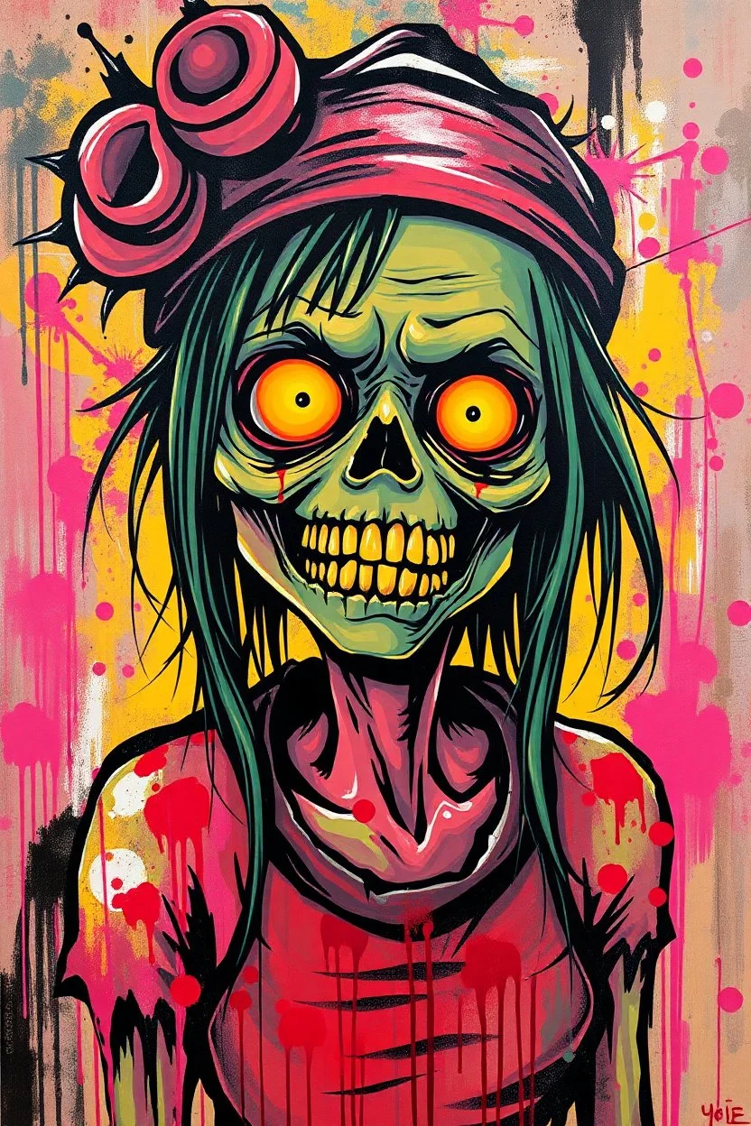 graffiti art of cartoon zombie girl , elaborate acrylic spray paint by Yoji shinkawa + nick Edwards style with bold brushstrokes, vibrant saturated natural color