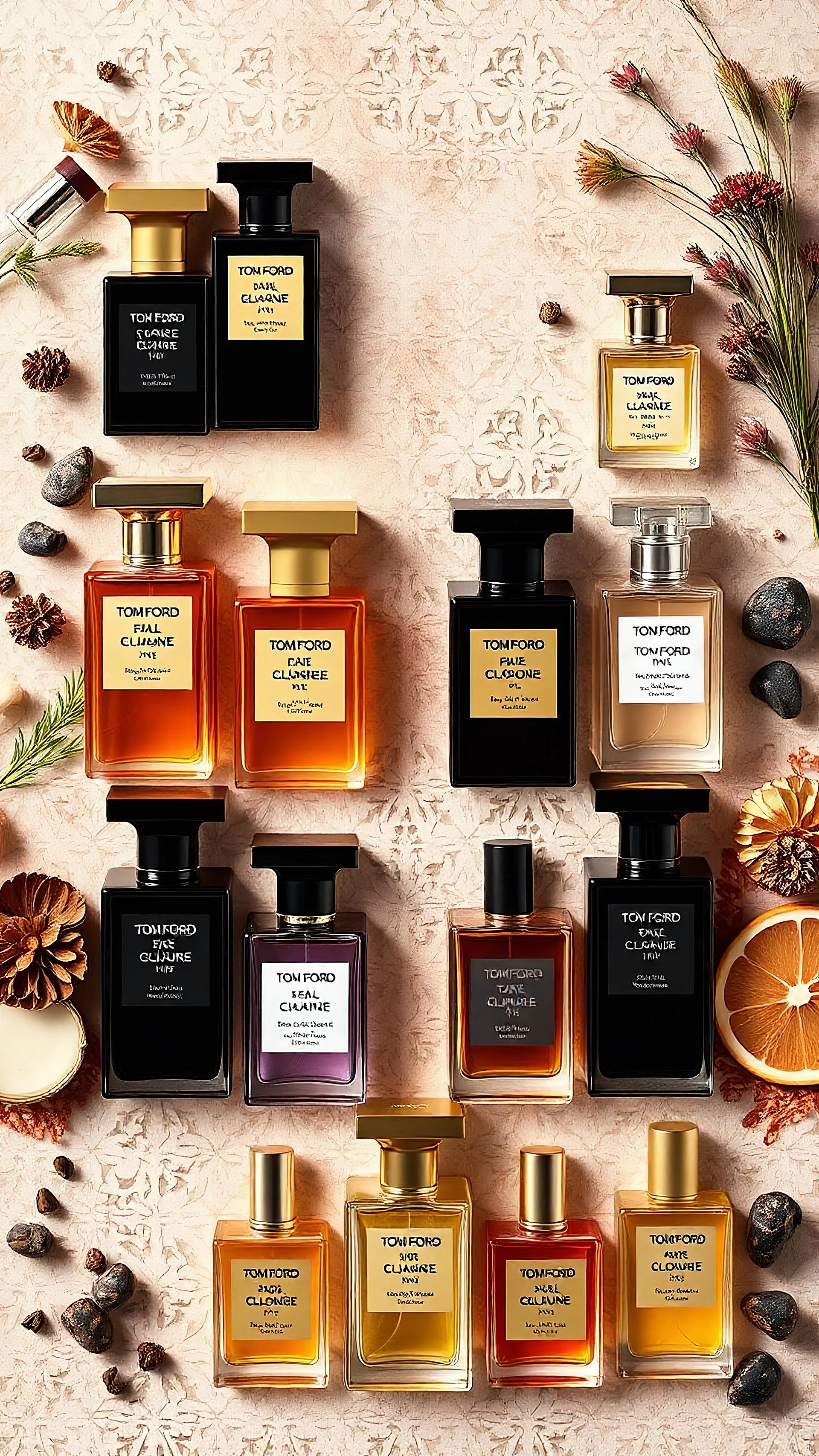 Professionally designed image of all kinds of Tom Ford brand colognes in an attractive and special background and the elements used in their creation.