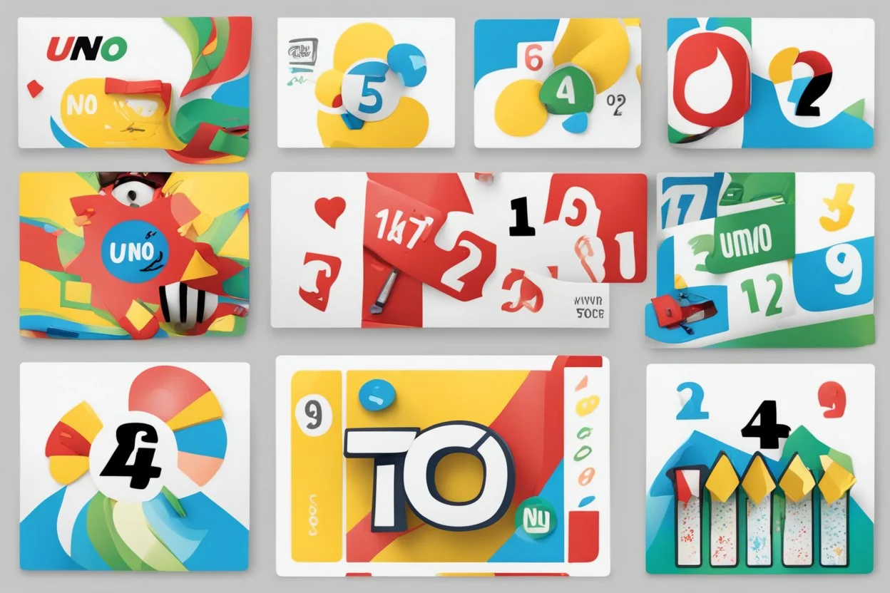 Create a vibrant and engaging image for Uno cards themed slides. Include iconic Uno card elements such as colorful numbers (0-9) and action cards (Skip, Reverse, Draw Two, Wild) of colors blue, green, yellow and red. Use a balanced composition and vibrant color palette to make the image visually appealing for presentation slides.