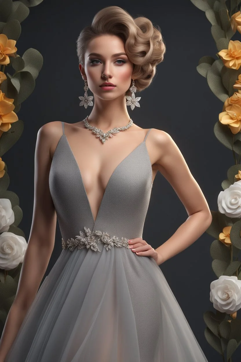 full body woman, from Russian Federation , elegant dress, elegant curled hair , 19 years old ,earring, nice make up,8k, Candid avant garde portrait, charming woman, wearing Lovely Flower Diamond Pendant, octane render 3d, plastic material