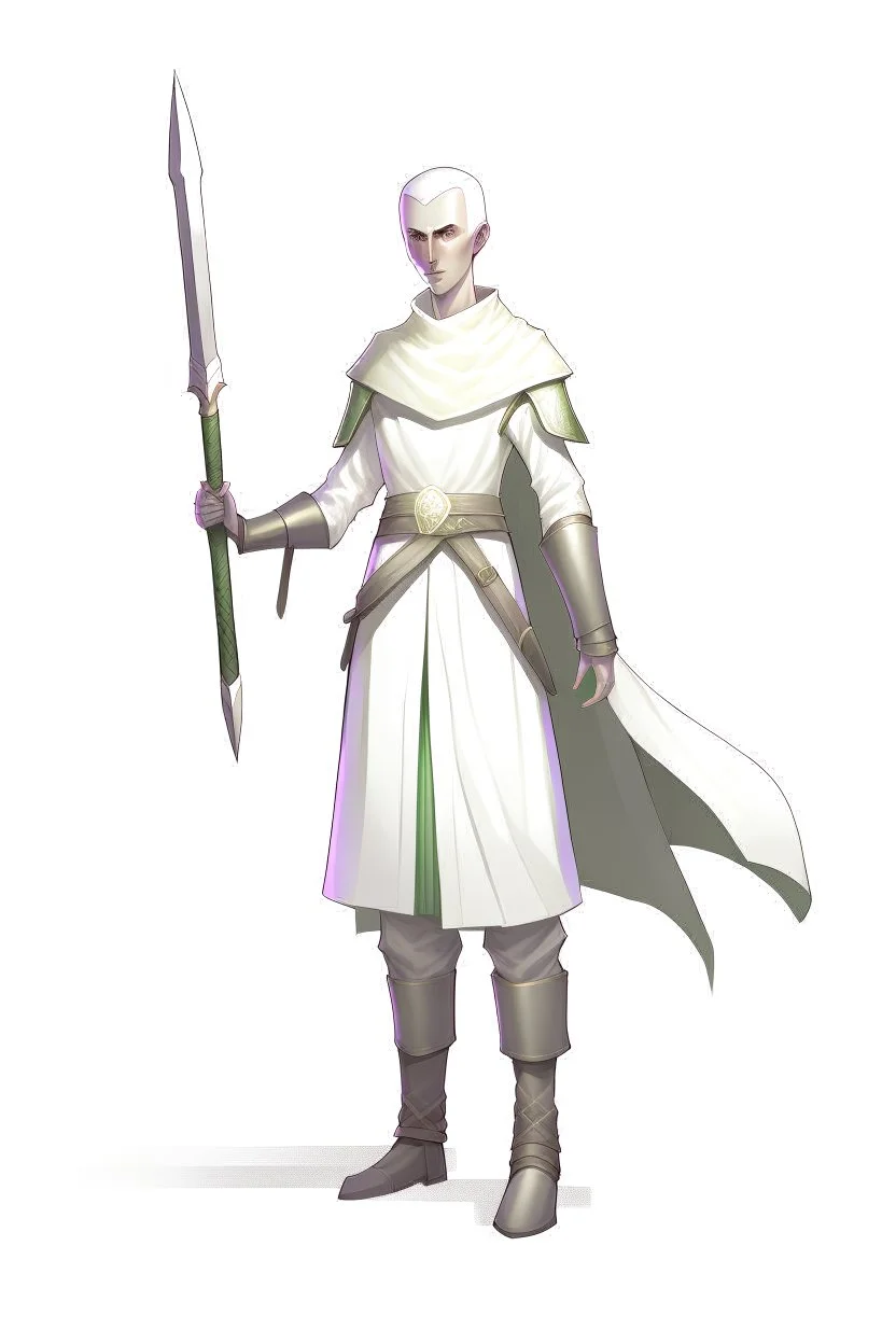 full length, tall, 22-year old, shaven head, nordic looking grey-eyed female human cleric healer wearing scale mail