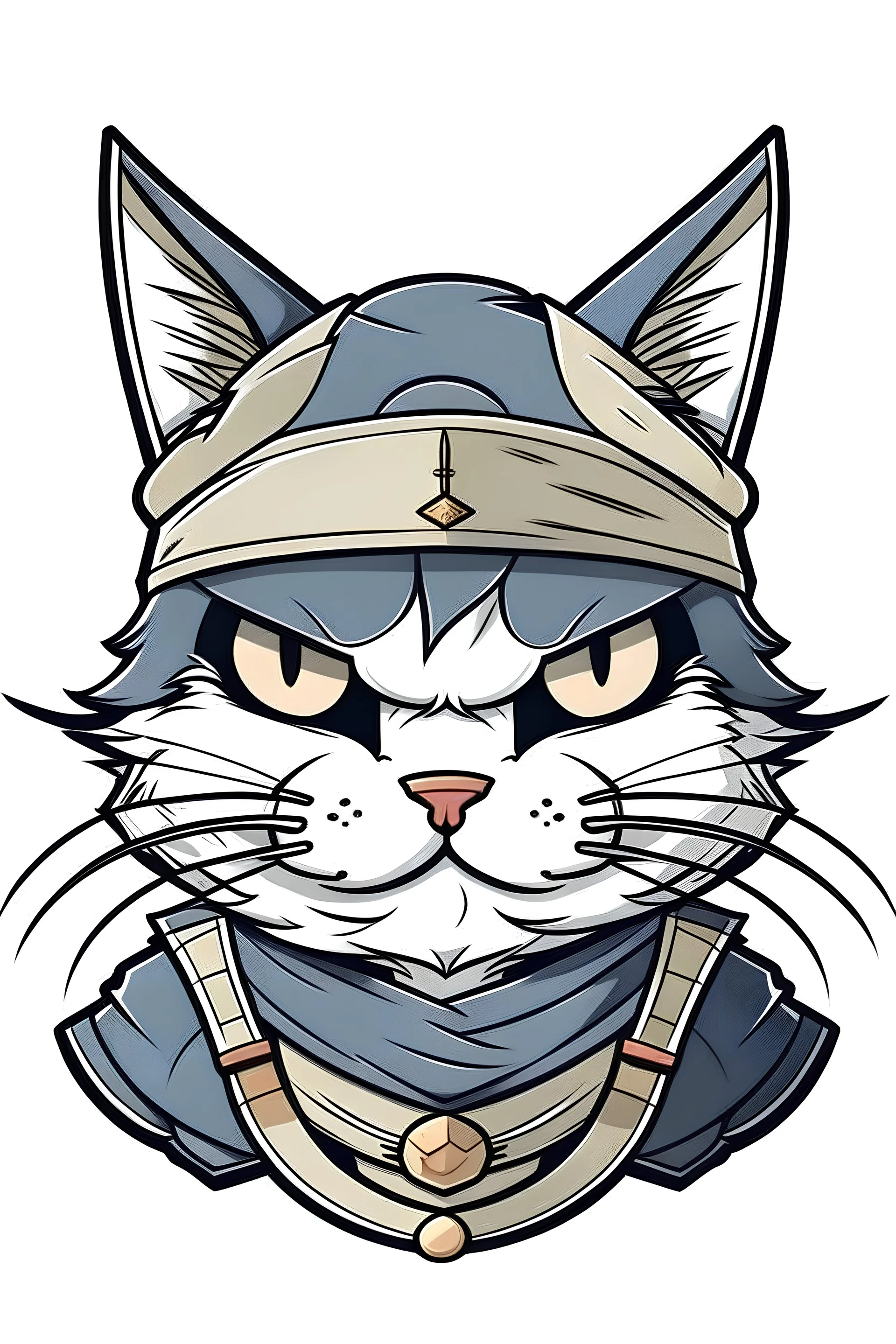 Cool Samurai cat, head only, front view, anime style, flat colors, no background colors