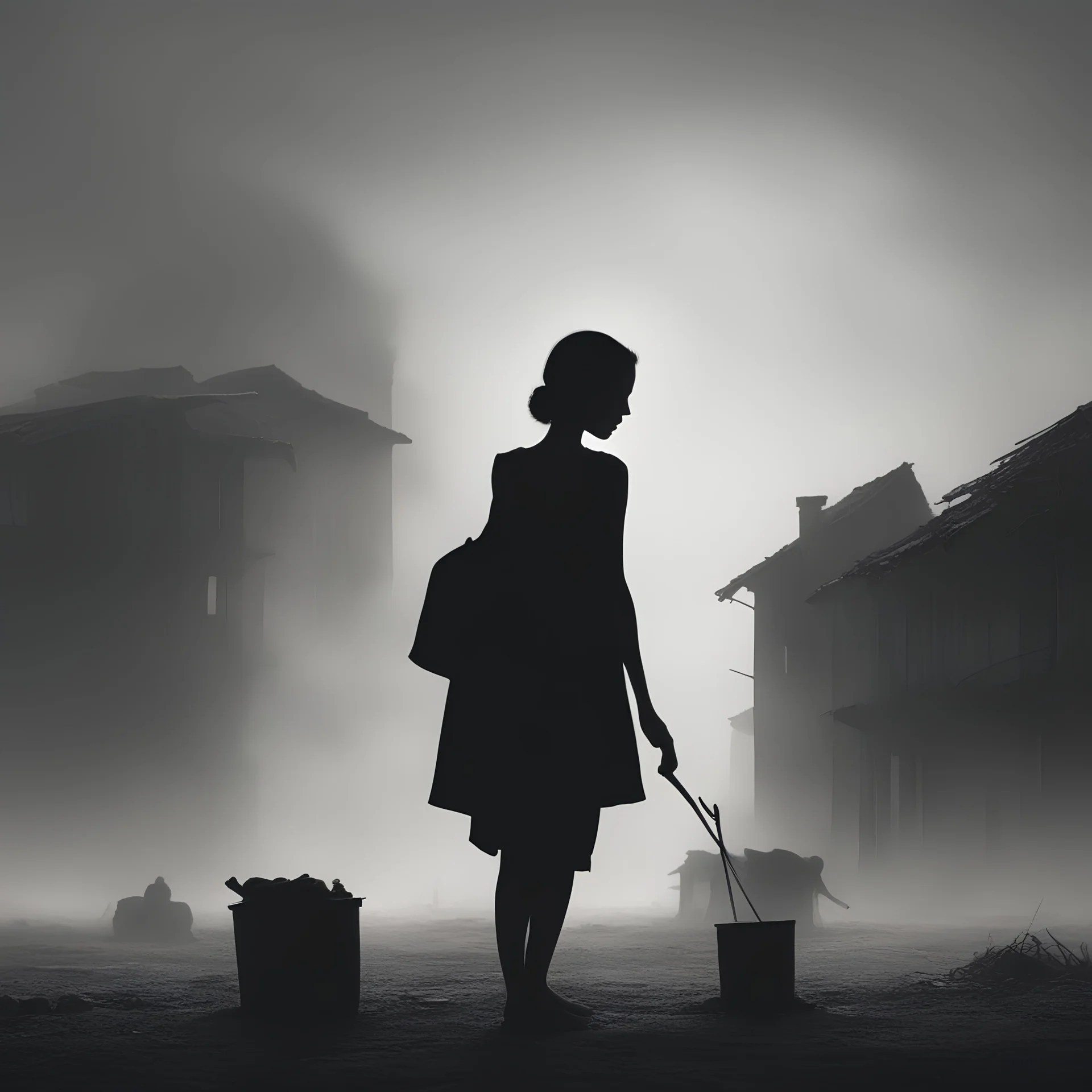 Crie uma representação visual que capture a exaustão enfrentada pelas mulheres devido à carga tripla de trabalho, especialmente no contexto do trabalho invisível de cuidado no Brasil. A imagem deve transmitir a sensação de esgotamento físico e emocional. Apresente a silhueta de uma mulher em meio a uma atmosfera pesada, com expressão facial cansada e postura curvada. Integre elementos que simbolizem as múltiplas responsabilidades, como crianças, afazeres domésticos e possivelmente um ambiente de