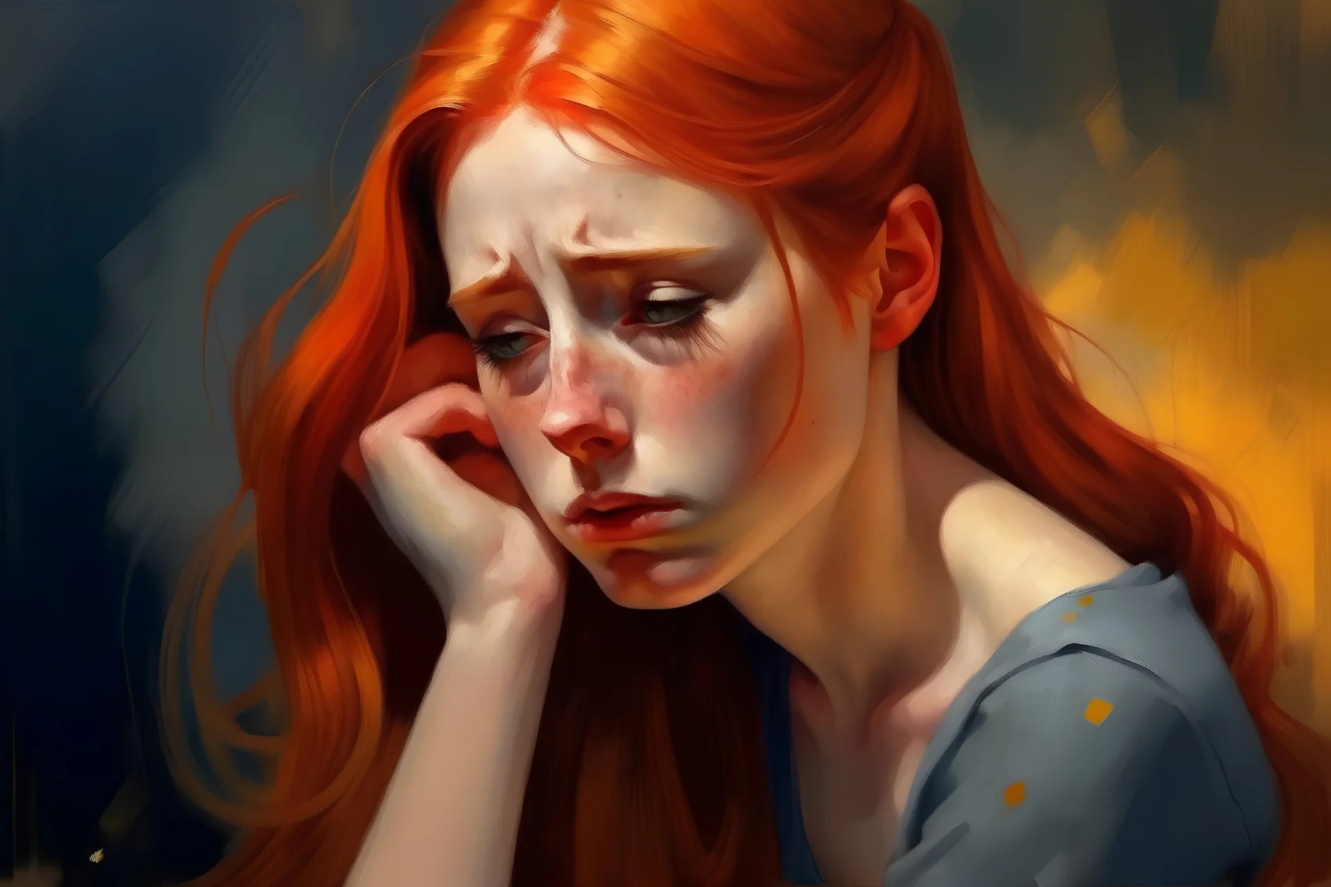 Painting of sad Redhead young woman queen