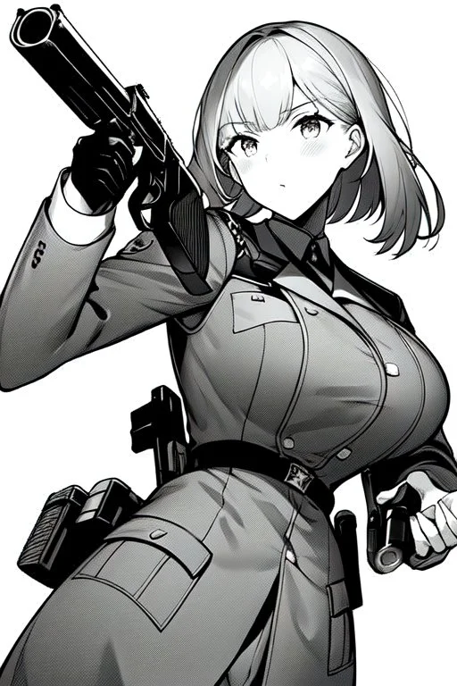 military girl takes out pistol, greyscale