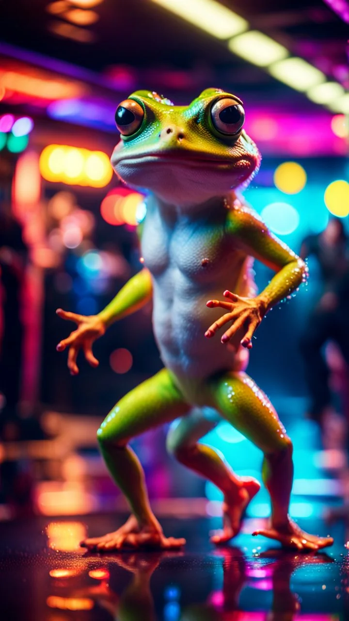 sexy stunt funky punk hippy hairy white skinned frog pimp tap dancer fashion gremlin in the middle of crazy dance moves dancing on buss parked in dark lit reflective wet arcade hall tunnel,bokeh like f/0.8, tilt-shift lens 8k, high detail, smooth render, down-light, unreal engine, prize winning