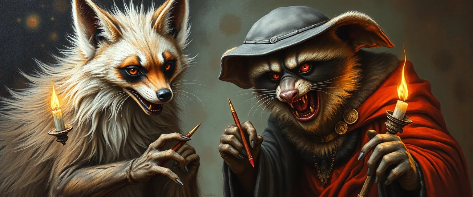 master oil painting with some air brush, fluffy hyena fox vampire priest racoon gremlin realistic and creepy, straight from the lich lab, in the style of Escher and Titian