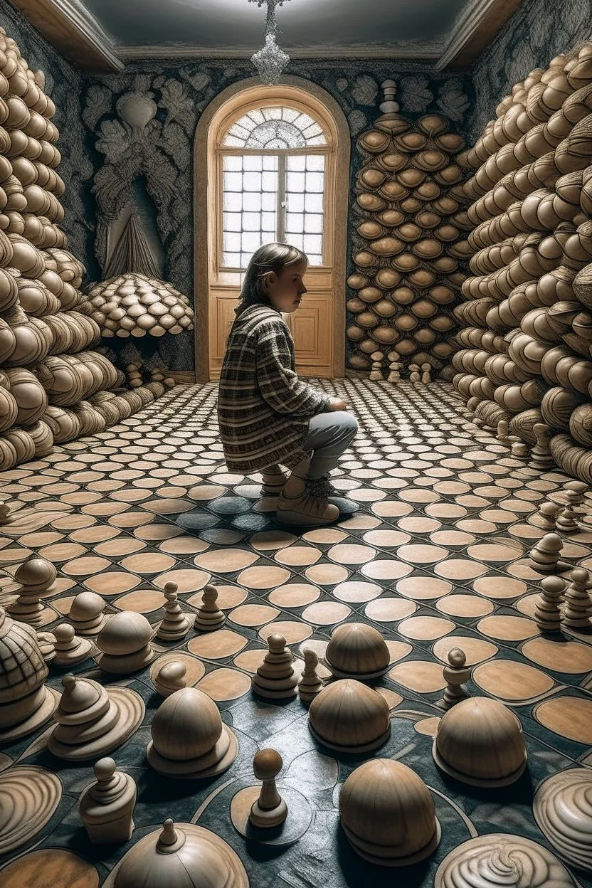 small man inside huge sea shells and on the floor is a huge chess board