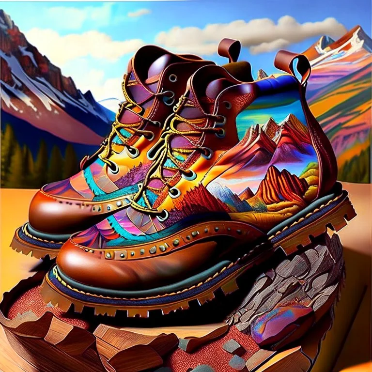 brown moutain shoes, art, acrilyc colors, bright, masterpiece, realistic