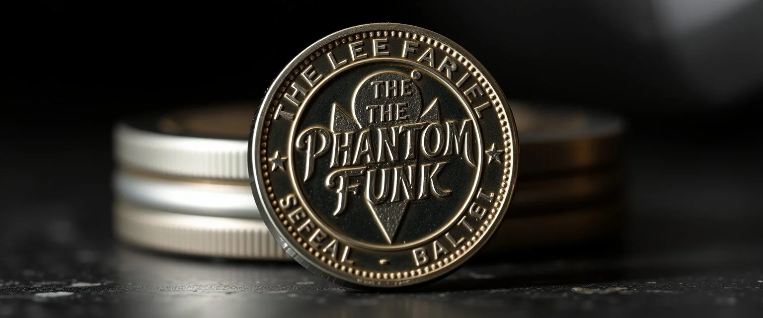a coin with an emblem of "The Phantom Funk" by Lee Falk