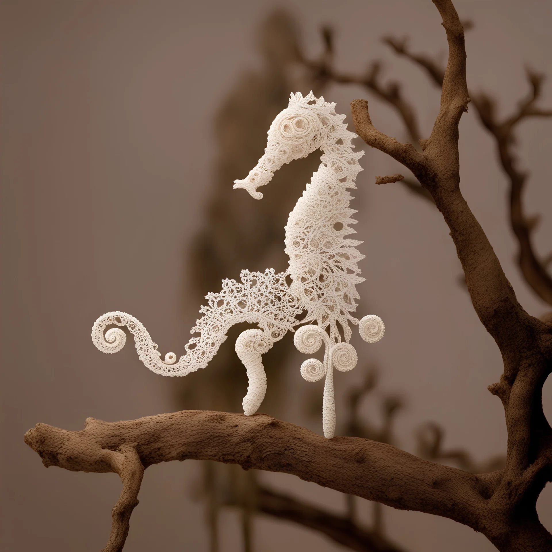 "Lace white seahorse entirely made of lace on a tree branch" -