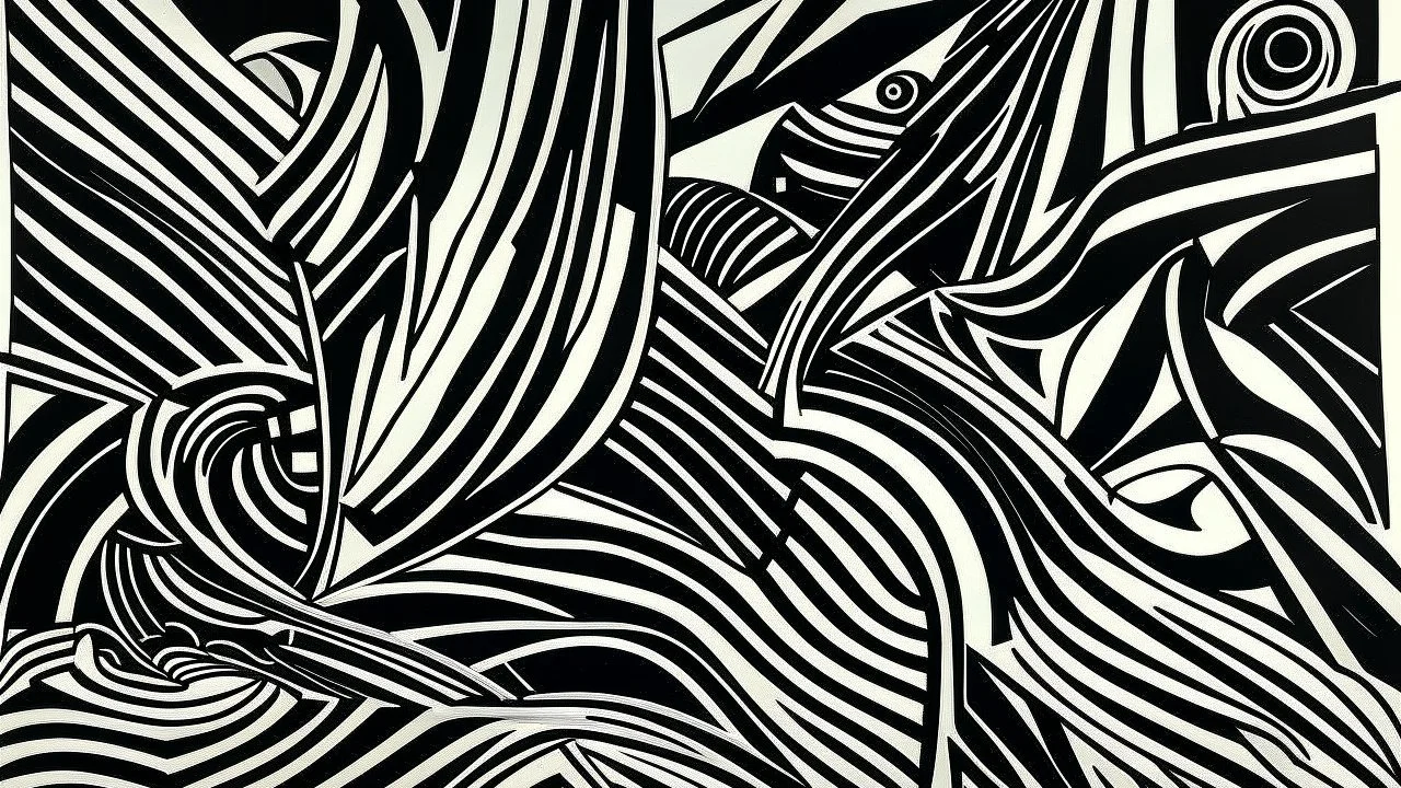 linograbado, arte abstracto, líneas claras, blanco y negro
