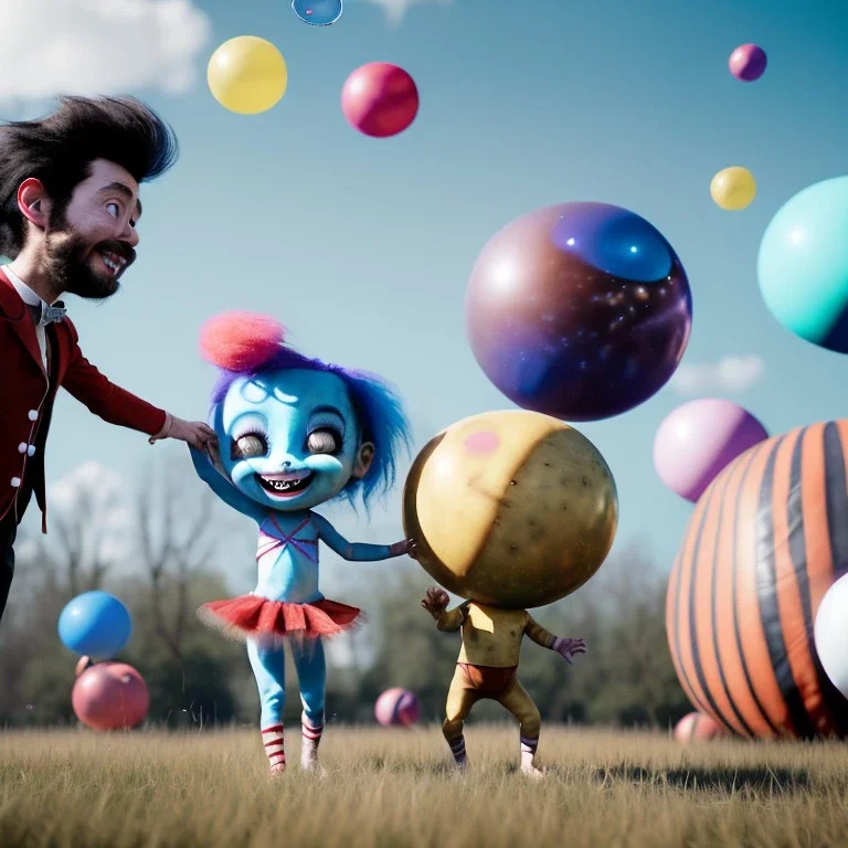 Ultra realistic circus scene. Sweet hair monster and Child’s playing, smile, happy, color bubbles, smooth color, waist up view, Wes Anderson style, dark ambient, highly detailed, concept art, unreal engine 5, god rays, ray tracing, RTX, lumen lighting, ultra detail, volumetric lighting, 3d, finely drawn, high definition, high resolution.